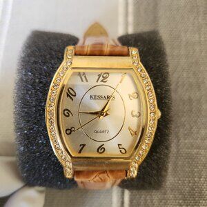 New Kessaris Women's Gold Quartz Barrel Watch Diamond Accent